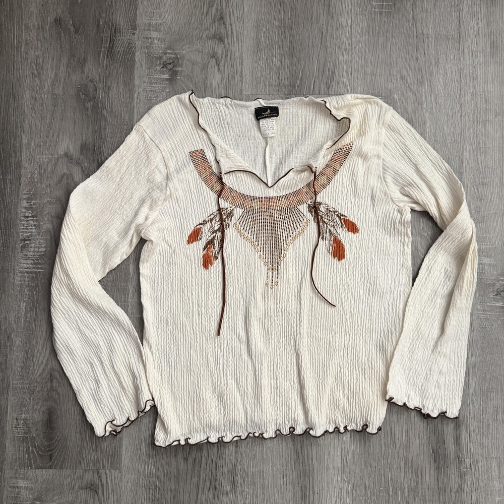 Banana USA Western Rhinestone Feather Top Womens XL Boho Y2K Stagecoach
